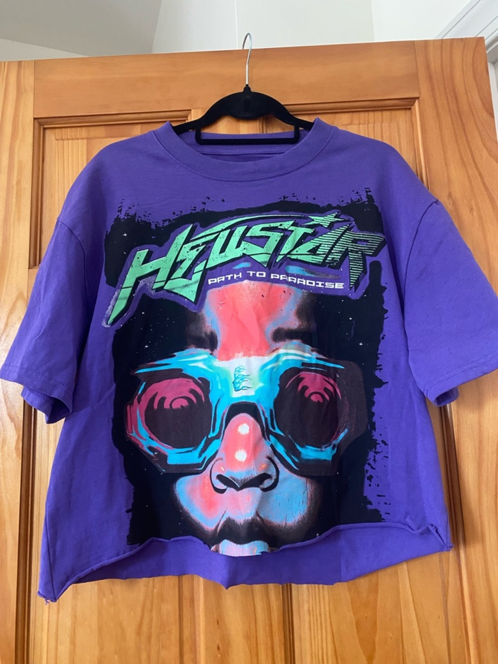 Hellstar Path to Paradise Graphic Tee Purple Cropped Raw Hem Shirt Large